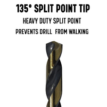 Load image into Gallery viewer, Drill America High Speed Steel Heavy Duty Drill Bit (1/64&quot; - 1/2&quot;, #1 - #52, A - Z) Black and Gold Finish, Split Point 135 Degree, KFD Killer Force Drill Series