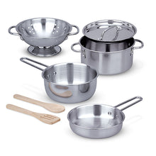 Load image into Gallery viewer, Melissa &amp; Doug Let’s Play House! Stainless Steel Pots &amp; Pans Play Set for Kids Construction, 8 Pieces, 13” H x 6” W x 6” L)