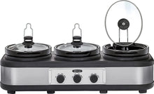 Load image into Gallery viewer, BELLA 14484 (3 x 2.5-Quart) Triple Slow Cooker with Lid Rests, Stoneware Pots, Serving Spoons and Bella Slow Cooker Recipe Book