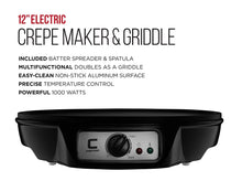 Load image into Gallery viewer, Chefman 12&quot; Electric Crepe Maker &amp; Griddle, Precise Temperature Control for Perfect Crepes, Blintzes, Pancakes, Eggs, Bacon and more, Non Stick, Includes Batter Spreader &amp; Spatula