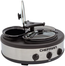 Load image into Gallery viewer, Chefman Triple Slow Cooker &amp; Buffet Server with 3 Removable 1.5 Quart Oval Crocks, Pot Inserts are Individually Heat Controlled with Locking Lid Straps, Spoon and Lid Rests, 4.5 qt. total capacity, Stainless Steel – RJ15-15-TO