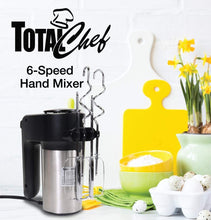 Load image into Gallery viewer, Total Chef TCHM02 6-Speed Hand Mixer, 250 Watts with Turbo Boost, Beaters and Dough Hooks, Stainless Steel, Countertop, Black/Gray
