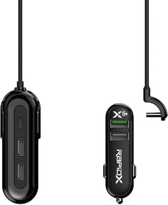 RapidX X5 Plus 5 -Port USB Car Charger with Detachable Cable