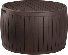 Load image into Gallery viewer, Keter 230897 Circa Natural Wood Style Round Outdoor Storage Table D, 37 Gallons, 26.7 in. Diameter x 16.5 in Height.
