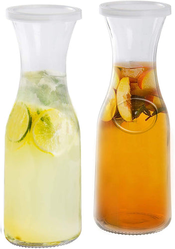 Estilo EST2095 Glass Beverage Pitcher Carafe With Plastic Lids, Narrow Neck Design, 1 liter (33oz) Set of 2, Clear