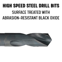Load image into Gallery viewer, Drill America High Speed Steel Reduced Shank Drill Bit, (33/64&quot; - 1-1/2&quot; by 64ths) Black Oxide Finish, Conventional 118 Degree Point, DWDRSD Series