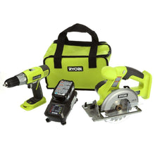 Load image into Gallery viewer, Ryobi P825 18V One+ Cordless Lithium Ion Power Tool Starter Kit (Includes 1/2" Drill / Driver, 5 1/2" Circular Saw, Compact Battery, Charger, and Contractor’s Bag)