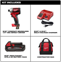 Load image into Gallery viewer, Milwaukee 2850-21P SB M18 Compact Brushless Cordless 0.25 Inch Impact Driver Kit with 1 Battery