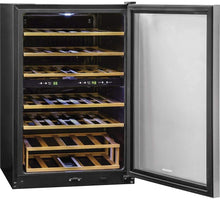 Load image into Gallery viewer, Frigidaire FFWC3822QS Two-Zone Wine Cooler with 38 Bottle Capacity Wooden Shelves Electronic Temperature Control Bright Lighting Stainless Steel Reversible Door and Front