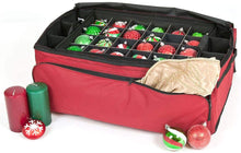 Load image into Gallery viewer, [Red Christmas Ornament Storage Box with Dividers] - (Holds 72 Ornaments up to 3 Inches in Diameter) | Acid-Free Removable Trays with Separators | Extra Front and Side Pockets for Additional Storage