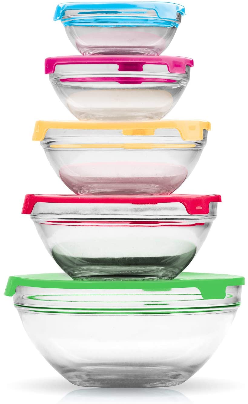 Imperial Home MW1640 Glass Mixing Bowls Glass Food Storage Containers With Multi Color Lids Total 10 pcs Set