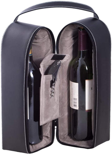 Bey-Berk Leather Wine Bottle Carrier Caddy Travel Tote Bag & Tool Set,Black