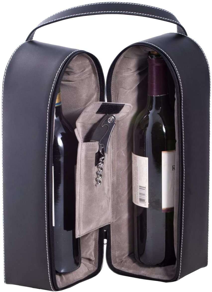 Bey-Berk Leather Wine Bottle Carrier Caddy Travel Tote Bag & Tool Set,Black