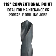 Load image into Gallery viewer, Drill America High Speed Steel Reduced Shank Drill Bit, (33/64&quot; - 1-1/2&quot; by 64ths) Black Oxide Finish, Conventional 118 Degree Point, DWDRSD Series