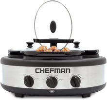 Load image into Gallery viewer, Chefman Triple Slow Cooker &amp; Buffet Server with 3 Removable 1.5 Quart Oval Crocks, Pot Inserts are Individually Heat Controlled with Locking Lid Straps, Spoon and Lid Rests, 4.5 qt. total capacity, Stainless Steel – RJ15-15-TO