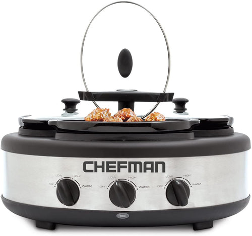 Chefman Triple Slow Cooker & Buffet Server with 3 Removable 1.5 Quart Oval Crocks, Pot Inserts are Individually Heat Controlled with Locking Lid Straps, Spoon and Lid Rests, 4.5 qt. total capacity, Stainless Steel – RJ15-15-TO