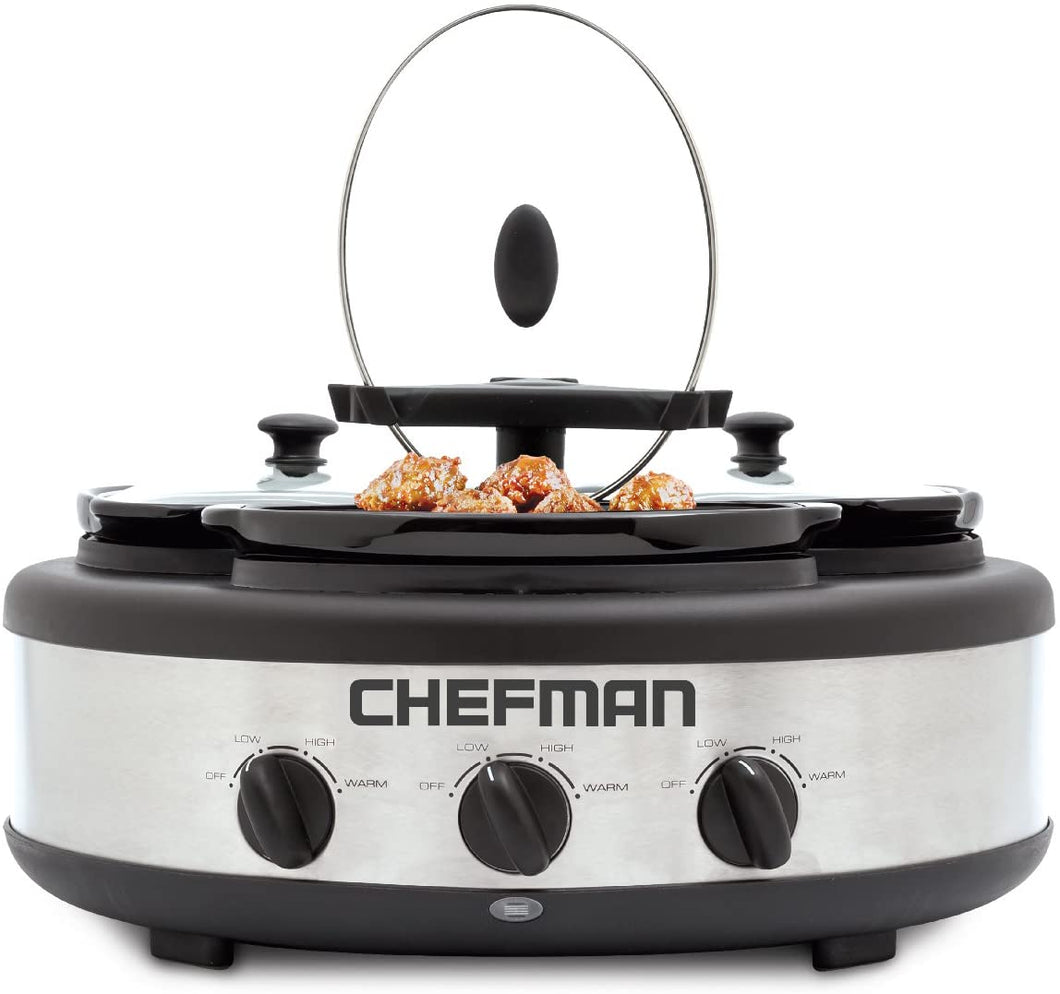 Chefman Triple Slow Cooker & Buffet Server with 3 Removable 1.5 Quart Oval Crocks, Pot Inserts are Individually Heat Controlled with Locking Lid Straps, Spoon and Lid Rests, 4.5 qt. total capacity, Stainless Steel – RJ15-15-TO