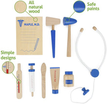 Load image into Gallery viewer, Doctor Kit for Kids Playset (10 pcs) | Dr. Maple&#39;s Wooden Wonders Pretend Play Wood Toy Doctor Kit | Doctor, Nurse &amp; Vet Play Medical Bag for Toddlers | Includes Medicine, Ointment, Tools &amp; Med Chart