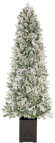 Home Accents Holiday 6.5 ft Starry Light Frasier Fir Potted Flocked LED Pre-Lit Artificial Christmas Tree with 150 Warm White Lights