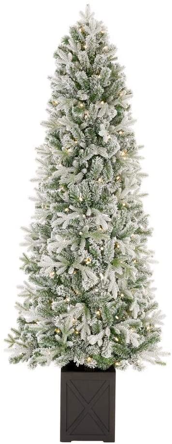 Home Accents Holiday 6.5 ft Starry Light Frasier Fir Potted Flocked LED Pre-Lit Artificial Christmas Tree with 150 Warm White Lights