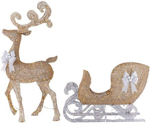 Load image into Gallery viewer, Home Accents Holiday 65 in LED Lighted Gold Reindeer and 3.8 ft LED Lighted Gold Sleigh with Silver Bows