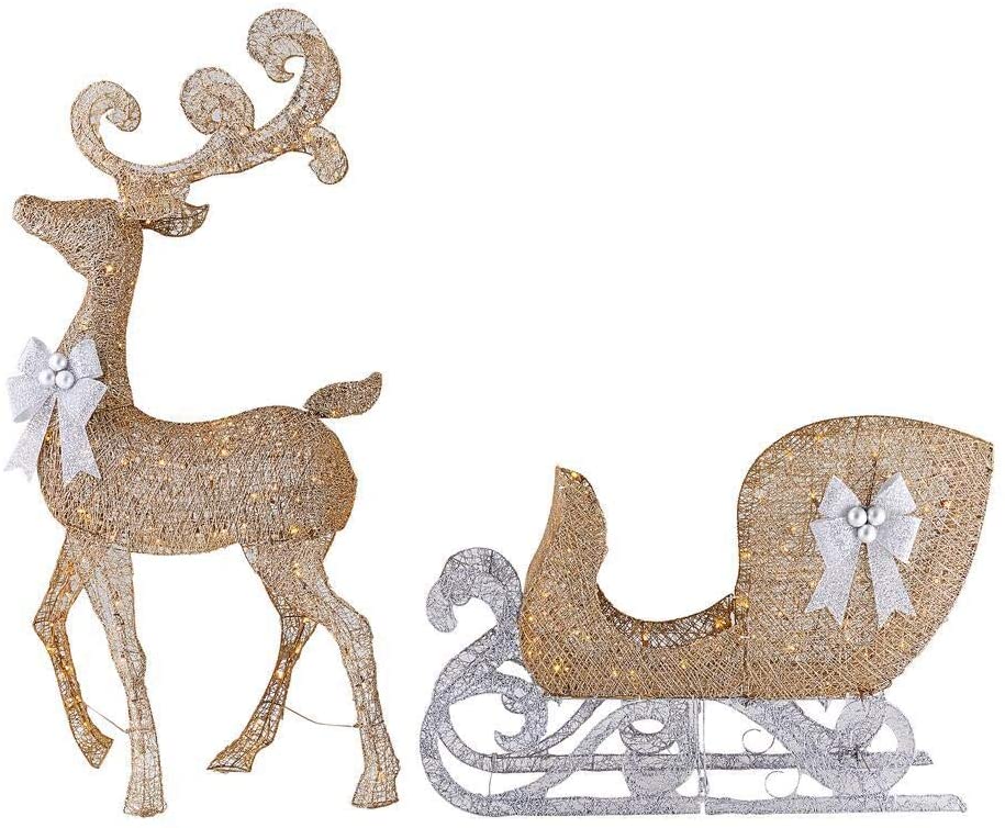 Home Accents Holiday 65 in LED Lighted Gold Reindeer and 3.8 ft LED Lighted Gold Sleigh with Silver Bows