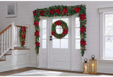 Load image into Gallery viewer, Home Accents Holiday 17 ft. Burgundy Poinsettia Mixed Pine Garland with Berries and Gold Glitter Cedar