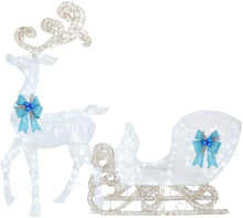 Load image into Gallery viewer, Home Accents Holiday Icicle Shimmer 65 in. LED Lighted White Reindeer and 46 in. LED Lighted White Sleigh with Blue Bows