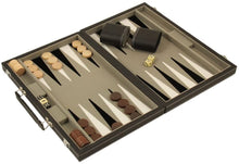 Load image into Gallery viewer, 15&quot; Backgammon Set Black Leatherette with Chrome Accents and Felt Interior Lined