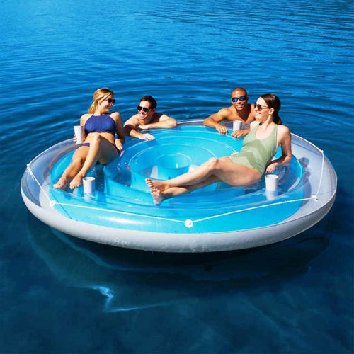 Bestway 4 Person Cooler Z Blue Caribbean Floating Island Inflatable in Water with Cooler & Cup Holders