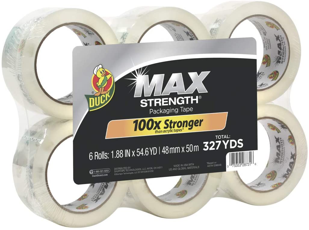 Duck MAX Strength Packing Tape Refill, 6 Rolls, 1.88 Inch x 54.6 Yard, Clear (241513)