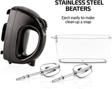 Load image into Gallery viewer, Ovente Portable Electric Hand Mixer 5 Speed Mixing, 150W Powerful Blender for Baking &amp; Cooking with 2 Stainless Steel Chrome Beater Attachments &amp; Snap Clear Case Compact Easy Storage