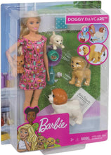 Load image into Gallery viewer, Barbie Doggy Daycare Doll, Blonde, and Pets Playset with 4 Dogs, Including One Puppy that Poops and One that Pees, Plus Color-Change Paper and More, Gift for 3 to 7 Year Olds