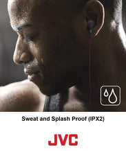 Load image into Gallery viewer, JVC Black and Red Nozzel Secure Comfort Fit Sweat Proof Gumy Sport Earbuds with long colored cord HA-EN10B