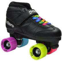 Load image into Gallery viewer, New! Epic Super Nitro Rainbow Indoor / Outdoor Quad Roller Speed Skate 4 Pc. Bundle w/ Bag &amp; Jam Plugs (Youth 1)