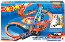 Load image into Gallery viewer, Hot Wheels Sky Crash Tower Track Set, 2.5+ ft / 83 cm High with Motorized Booster, Orange Track &amp; 1 Vehicle