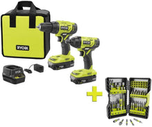 Load image into Gallery viewer, RYOBI P1817-AR2040 18-Volt ONE+ Cordless 2-Tool Combo Kit w/ (2) 1.5Ah Batteries, Charger &amp; Bag w/BONUS Impact Rated Driving Kit (70Piece)