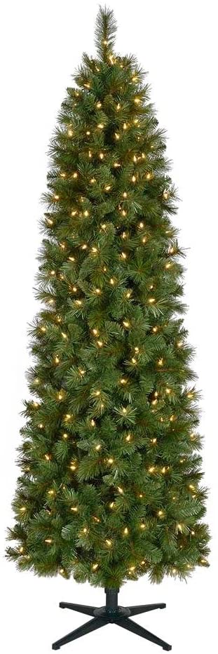 Home Accents Holiday 7 ft Wesley Long Needle Pine Pencil LED Pre-Lit Artificial Christmas Tree with 300 Warm White Lights