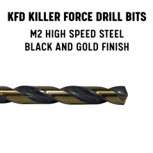 Load image into Gallery viewer, Drill America High Speed Steel Heavy Duty Drill Bit (1/64&quot; - 1/2&quot;, #1 - #52, A - Z) Black and Gold Finish, Split Point 135 Degree, KFD Killer Force Drill Series