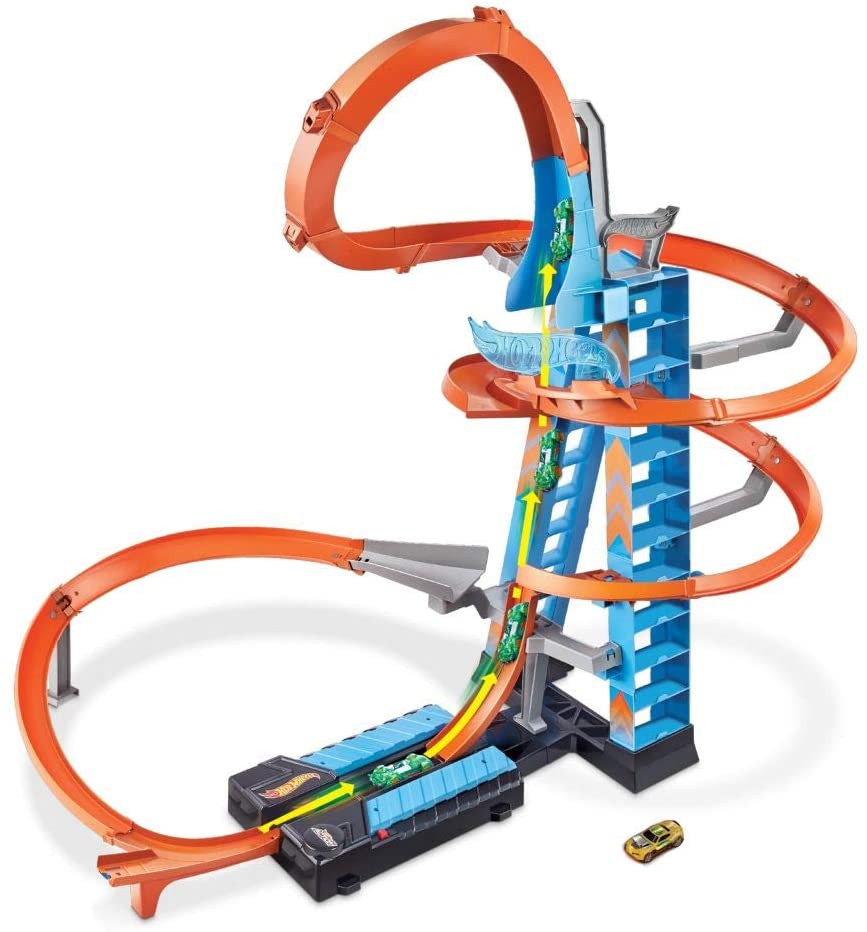 Hot Wheels Sky Crash Tower Track Set, 2.5+ ft / 83 cm High with Motorized Booster, Orange Track & 1 Vehicle
