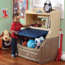 Load image into Gallery viewer, Step2 Lift and Hide Bookcase Storage Chest for Kids - Durable Plastic Toy Box Bookshelf Organizer, Tan/Blue