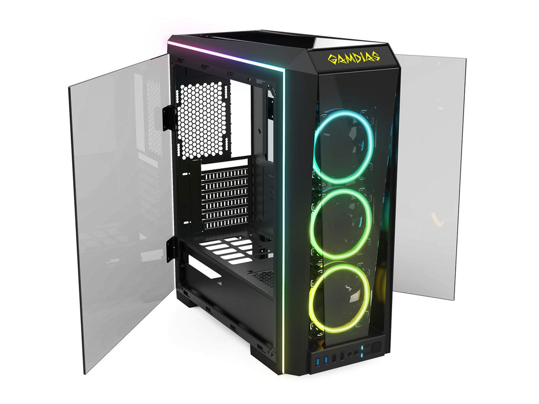 GAMDIAS RGB Gaming Mid-Tower Case Four-Sided Tempered Glass Four LED Strip Switchable IO Port with Three RGB Fans Cases TALOS P1