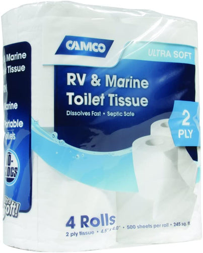 Camco RV Bathroom Toilet Tissue - 4 Rolls Sewer-Safe, Septic-Safe, Biodegradable 2-Ply Bath Tissue Designed for Trailer, Motorhome, & Marine Sanitation Systems (40274), White