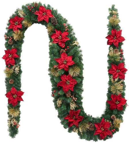 Home Accents Holiday 17 ft. Burgundy Poinsettia Mixed Pine Garland with Berries and Gold Glitter Cedar