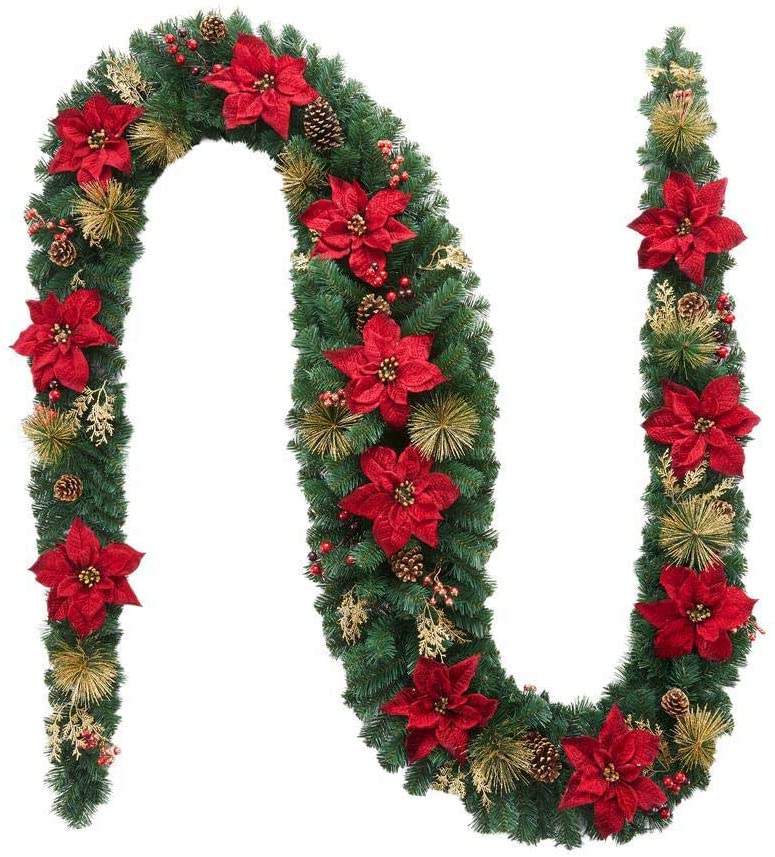 Home Accents Holiday 17 ft. Burgundy Poinsettia Mixed Pine Garland with Berries and Gold Glitter Cedar