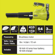 Load image into Gallery viewer, RYOBI P21100VNM 110 MPH 410 CFM 18-Volt ONE+ Brushless Lithium-Ion Cordless Variable-Speed Jet Fan 4Ah Battery Blower &amp; Charger Included