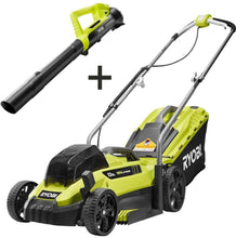 Load image into Gallery viewer, RYOBI P1140S-4X 13 in. ONE+ 18-Volt Lithium-Ion Cordless Battery Walk Behind Push Lawn Mower &amp; Leaf Blower- 4.0 Ah Battery/Charger