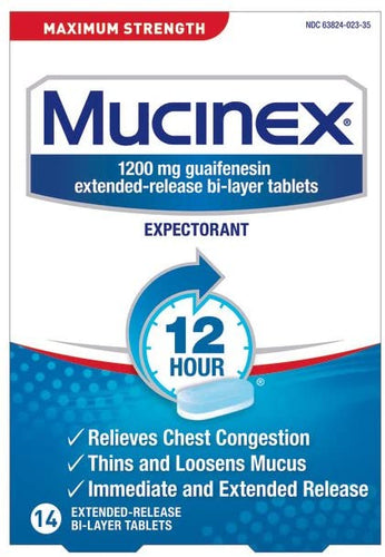 Chest Congestion, Mucinex Maximum Strength 12 Hour Extended Release Tablets, 14ct, 1200 mg Guaifenesin with extended relief of  chest congestion caused by excess mucus, thins and loosens mucus