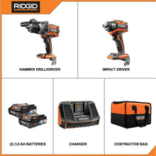 Load image into Gallery viewer, RIDGID 18-Volt OCTANE Lithium-Ion Cordless Brushless Combo Kit with Hammer Drill, Impact Driver, (2) 3.0 Ah Batteries, Charger