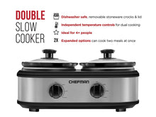 Load image into Gallery viewer, Chefman RJ15-125-D Double Slow Cooker &amp; Buffet Server with 2 Removable 1.25 Qt. Oval Crocks, Pot Inserts Individually Heat Controlled, 2.5 Quarts, Stainless Steel